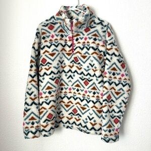 Eddie Bauer Fleece Pullover Women’s L White Aztec Quarter Zip Sweatshirt